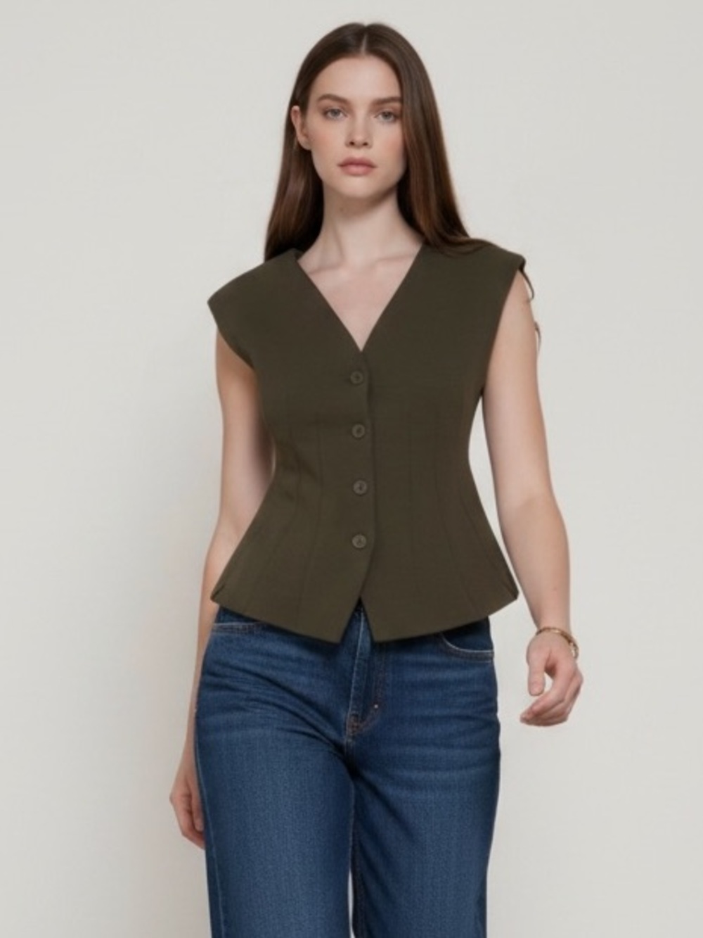 1575 • Olive Cotton Scuba Contour Darted Structured Shoulder Vest